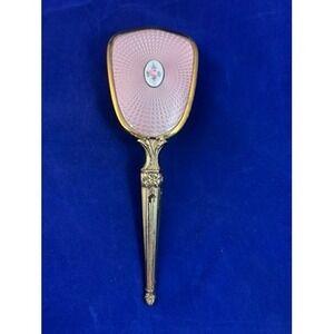 Vintage 1950s Pink Guilloche Enamel Hair Brush Floral Vanity Gold Tone